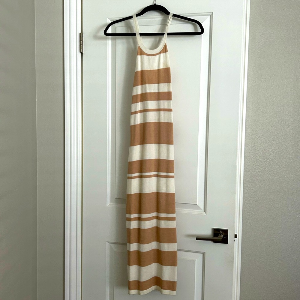 Tan and White Stripped Knit Midi Dress